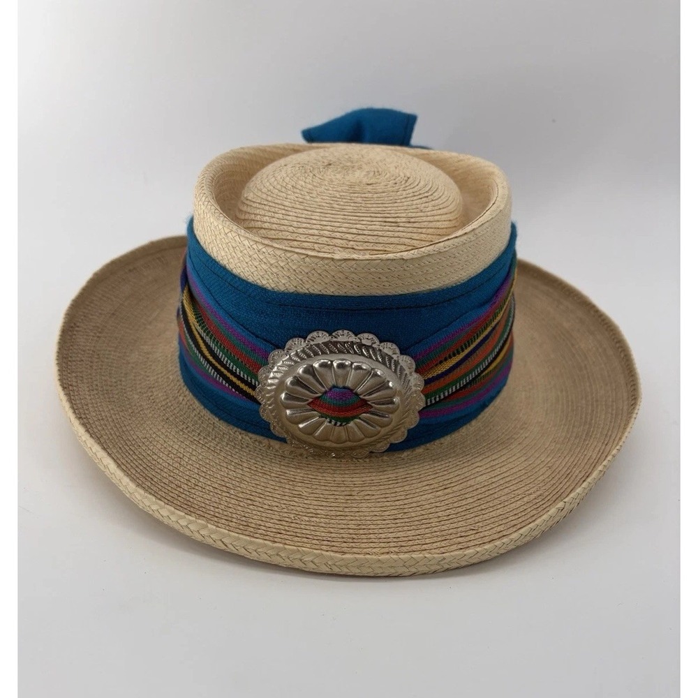 La Giralda Guatemala Maya Quiche Palm Hat 57 Turquoise Ribbon Silver Concho Boho